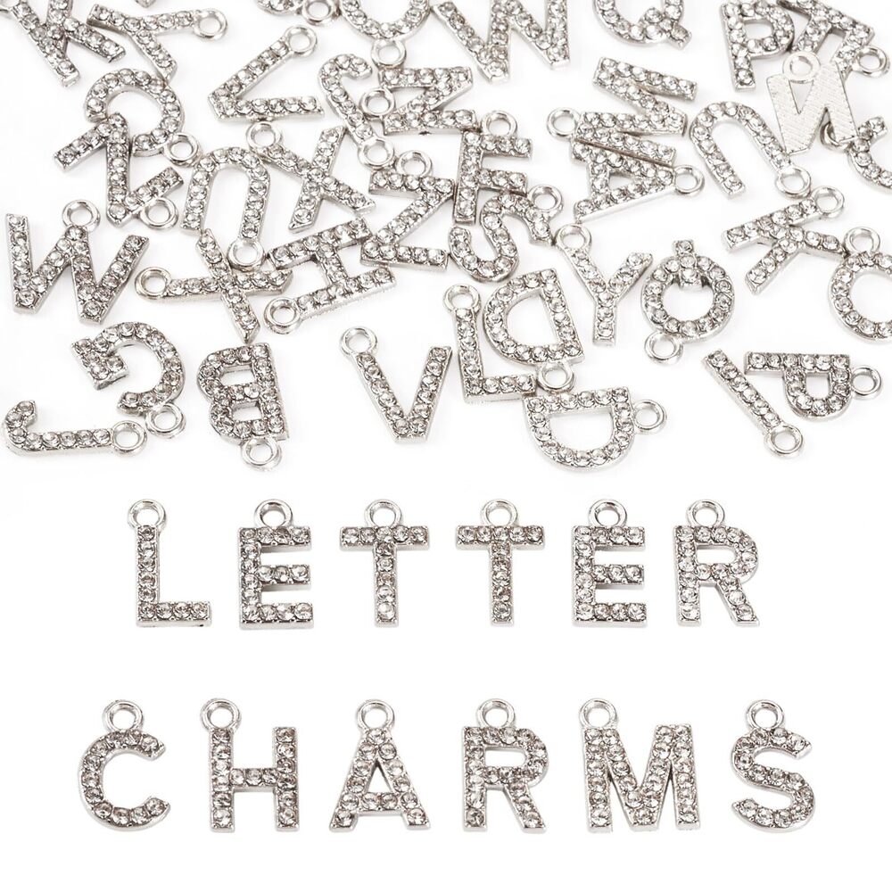 5838 52pcs Rhinestone Letter Charms Sliver Alloy Initial Alphabet A-Z
